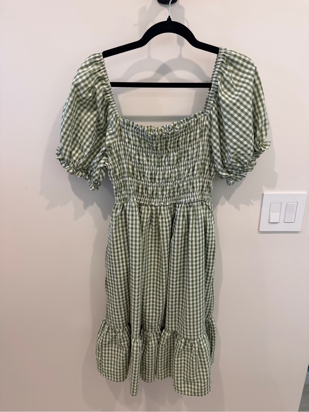 Green Gingham Puff-Sleeve Smocked Dress